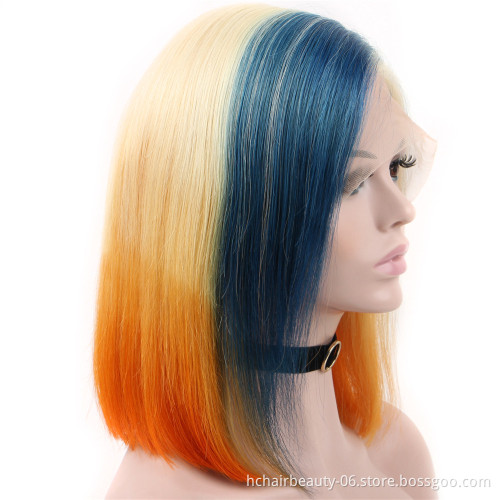 Blue/Orange/613 Blonde Lace Front Wig Ombre Straight Lace Front Wig Bob 13x4 Brazilian Short Human Hair Wigs Pre Plucked Remy
